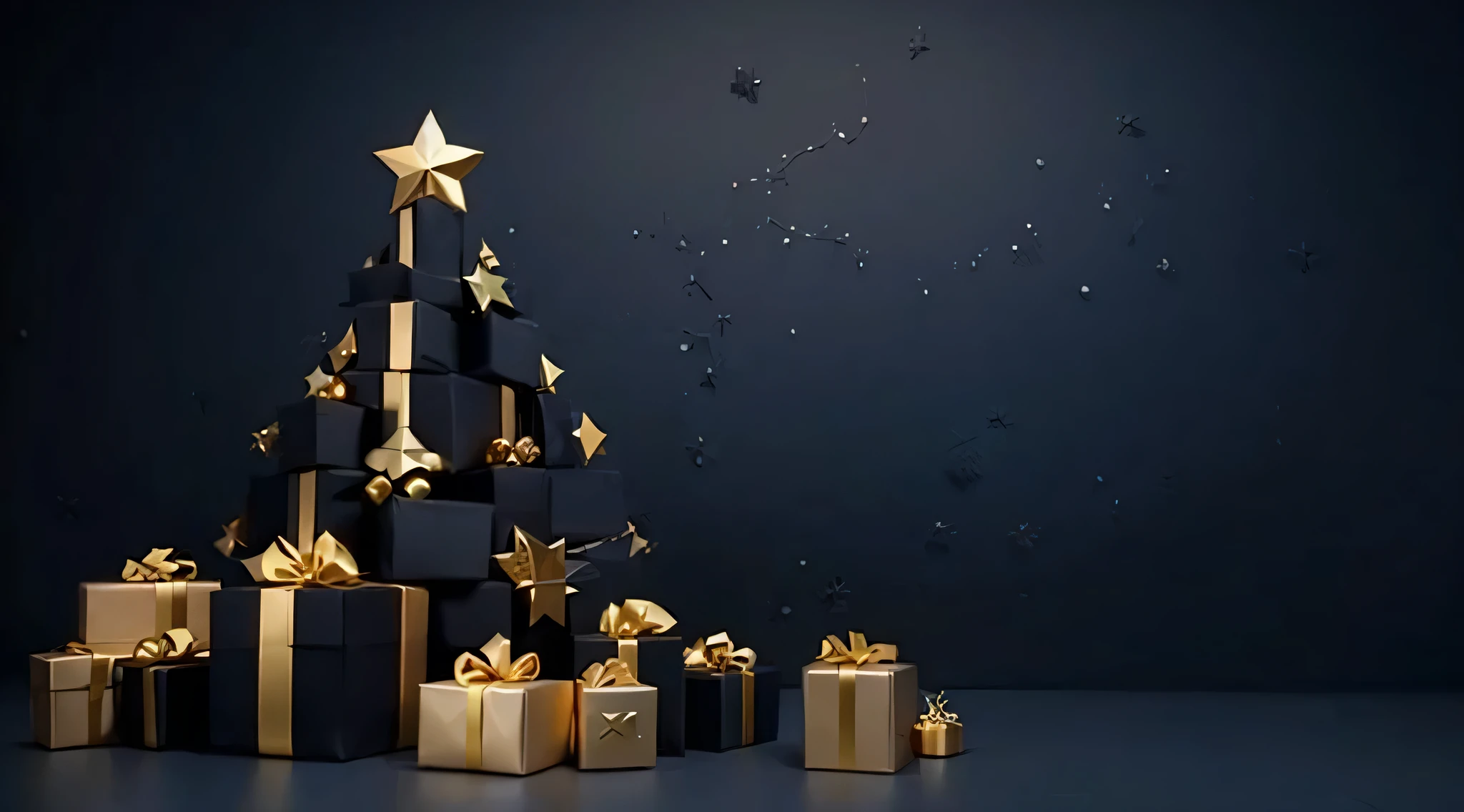 Gift boxes with golden accessories and some golden boxes with golden accessories, The boxes are stacked in the shape of a Christmas tree and with a golden star on top.