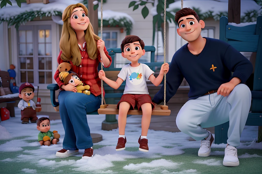 Father and mother with their two year old son, boy sitting on swing, contexto de Natal e neve, sorrindo, realismo, Pixar Disney