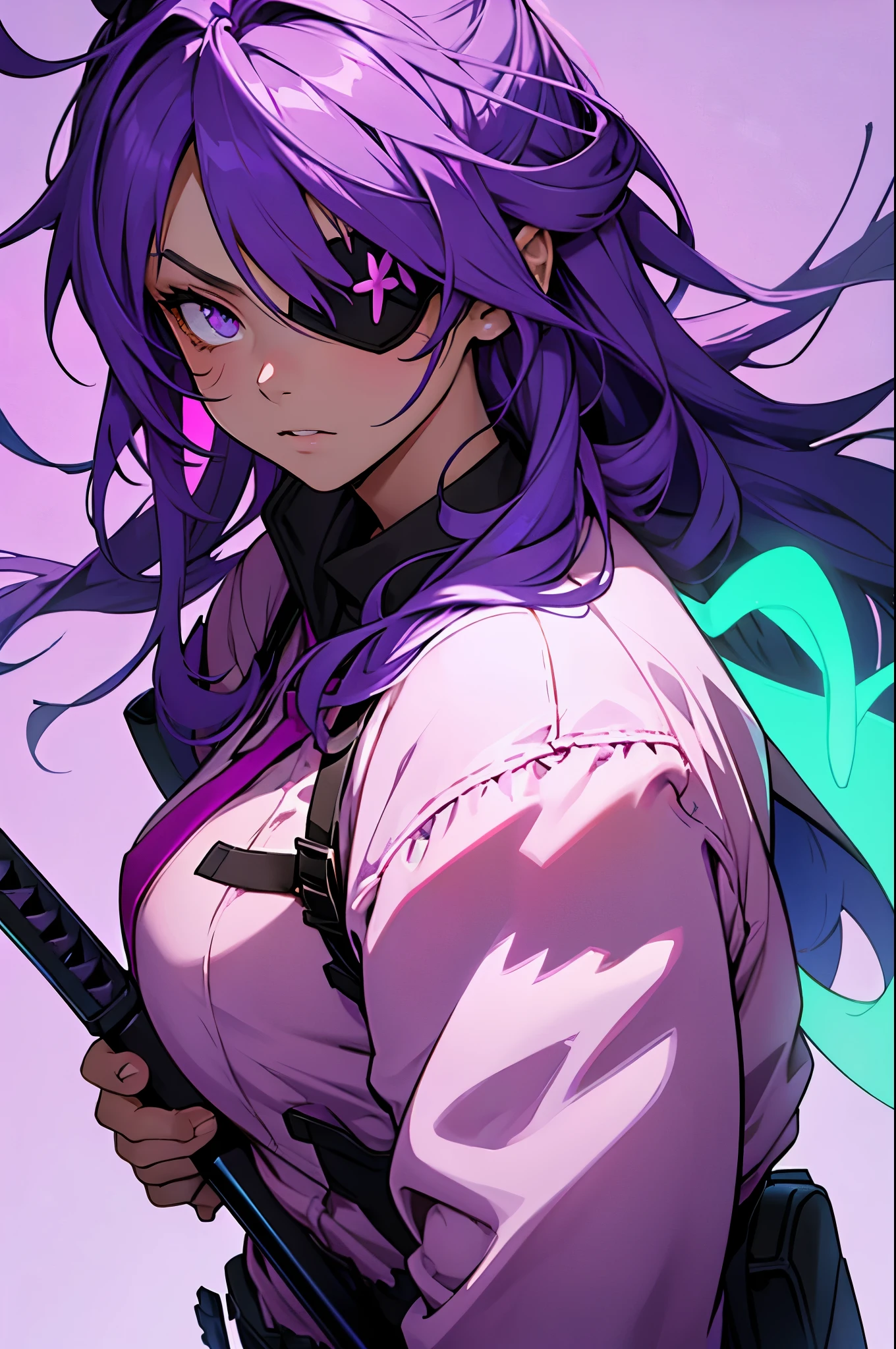 Portrait of a li with purple, fluffy hair, neon purple background, with weapons and an eye patch