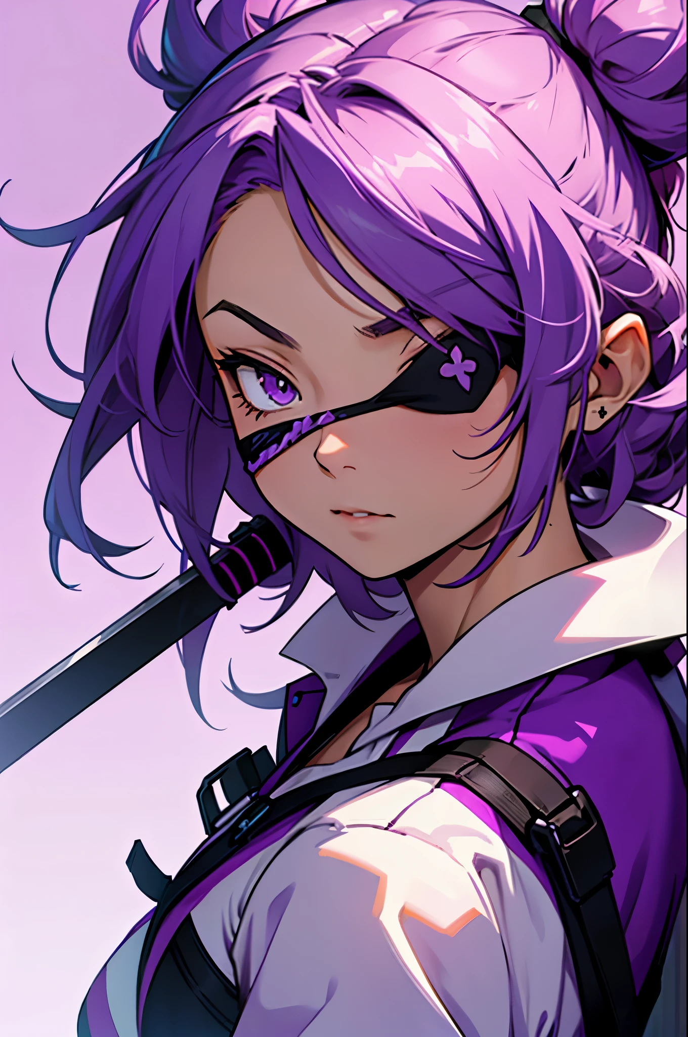 Portrait of a loli with purple, fluffy hair, neon purple background, with weapons and an eye patch
