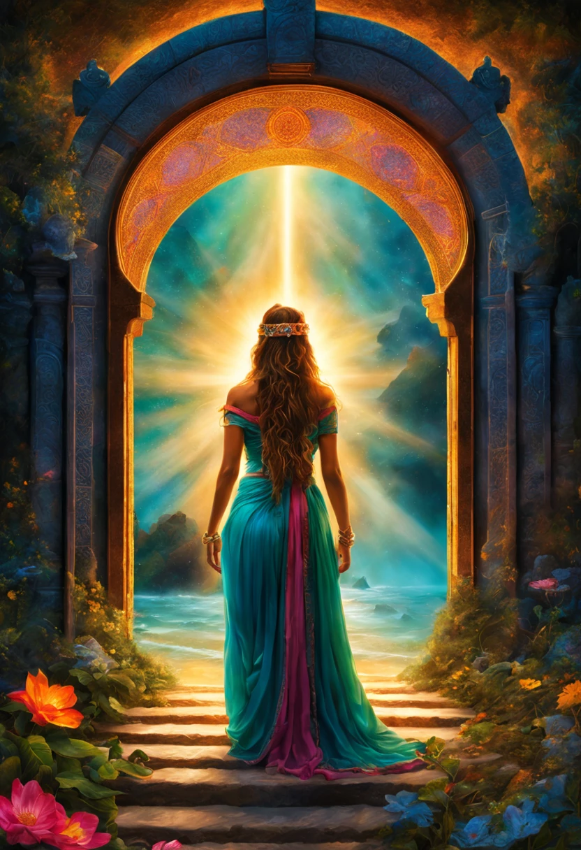 Crie uma imagem inspiradora com a seguinte frase: 'Meditation is the door to encountering the divine essence within us.' Use elementos visuais que transmitam serenidade, spirituality and connection." Use bright colors and Renaissance techniques to create depth and realism. The image must convey the beauty and mystery of divine transcendence, evoking admiration for the great work of nature.