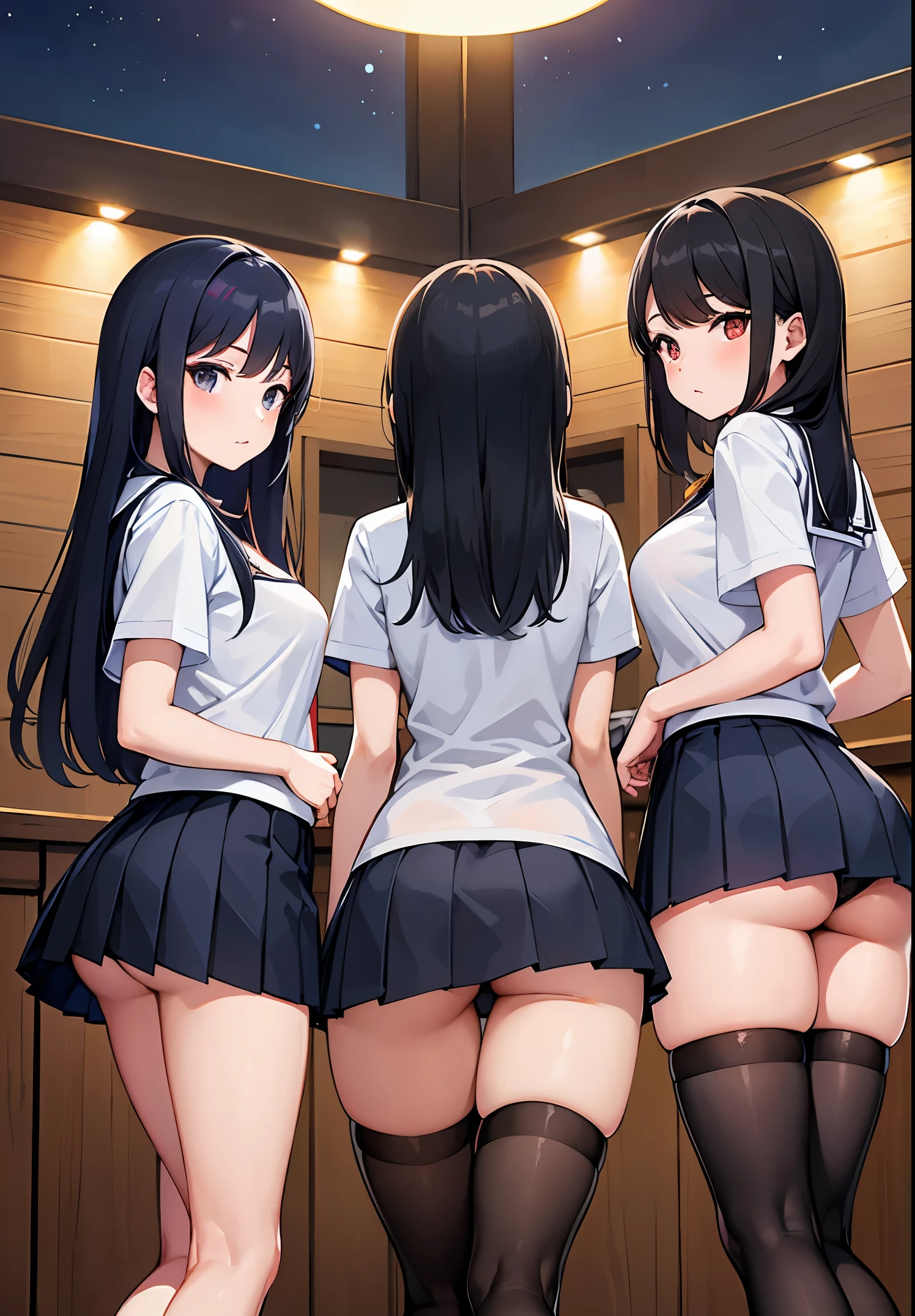 Trio of schoolgirls standing side by side facing backwards、Long Black Hair、巨大なtits out、cleavage of the breast、tits out、Park at night、a miniskirt、thighs thighs thighs thighs、Navy blue pleated skirt with panties visible、Short sleeve shirt、s ass、T back、sexy lingerie