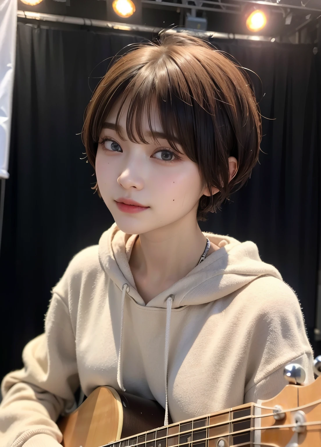 ((top-quality))、(masterpiece:1.4)、Raw photography、8K、((Top image quality))、 ((hight resolution))、Beautiful face in every detail、realisiticな人の肌、Gentle expression、(One lady:1.3 )、realisitic、(rather short hair:1.4)、(Beautuful Women)、(cute Japanese girls:1.3)、(boyish:1.3)、((mannish))、((Pretty Woman))、(Beautiful hair)、((dark brown hair))、With bangs、(((Red cheeks)))、(Her eyes are big:1.3)、20-year-old beauty、(her face is small:1.mall head、(long neck:1.3)、a necklace、((music festival))、(Hoodie)、((On stage))、(play bass guitar:1.3)、((Happy look))、singers、Everyone admires her、rock band、(young woman admires her)、(popular person)、(Dynamism:1.3)、(Oversized clothes)、Band Group Vocals、