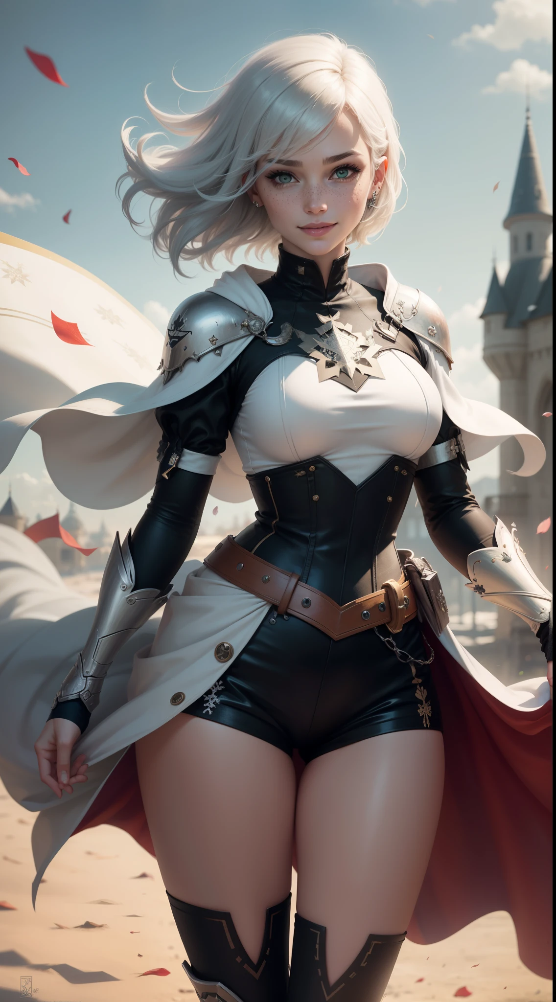 gwen tennyson,1girl,tracer,yorha 2b,y'shtola rhul,rebecca chambers,overwatch,atelier ryza,close up,fantasy castle view,tattoos,gray and white plugsuit,white short sleeve knight top,snowflake embroidery knight armor,tight lycra micro shorts,snowflake embroidery corset,short hair,princess makeup,green eyes,short multicolored silver hair,long dress train,fierce smile,freckles,beautiful girl,knight thigh high boots,large breasts,8k,ultra detailed,realistic,fantasy art,royal knight uniform,snowflake hair pin,ear piercings,snowflake hand and neck jewelry,(weather:windy),long royal gray knight cape,holding a war flag,petals flying,