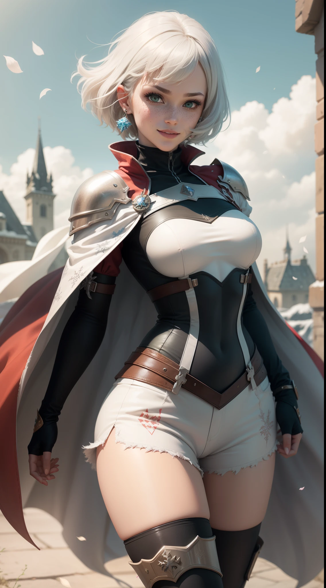 gwen tennyson,1girl,tracer,yorha 2b,y'shtola rhul,rebecca chambers,overwatch,atelier ryza,close up,fantasy castle view,tattoos,gray and white plugsuit,white short sleeve knight top,snowflake embroidery knight armor,tight lycra micro shorts,snowflake embroidery corset,short hair,princess makeup,green eyes,short multicolored silver hair,long dress train,fierce smile,freckles,beautiful girl,knight thigh high boots,large breasts,8k,ultra detailed,realistic,fantasy art,royal knight uniform,snowflake hair pin,ear piercings,snowflake hand and neck jewelry,(weather:windy),long royal gray knight cape,holding a war flag,petals flying,