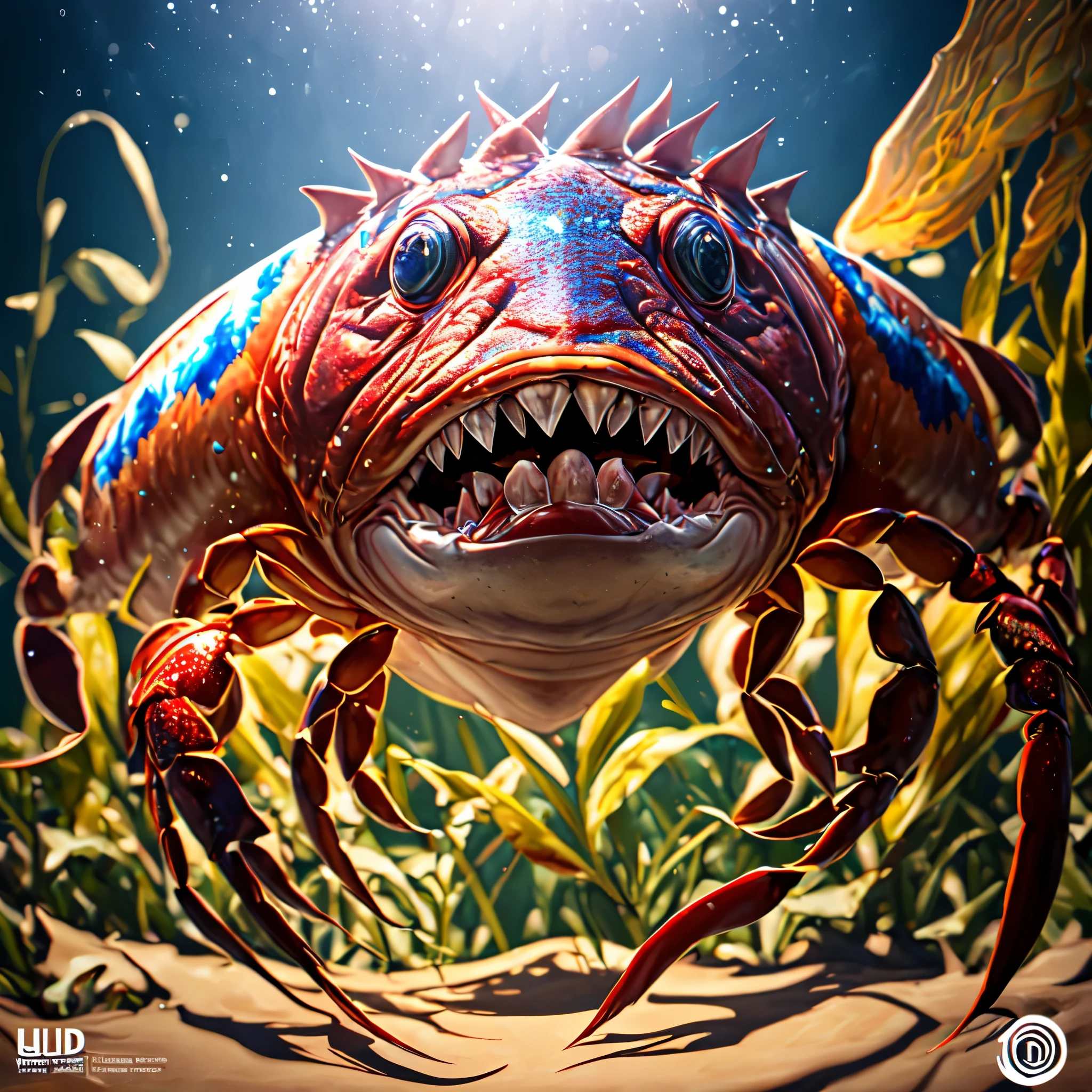 (best quality,4k,8k,highres,masterpiece:1.2), ultra-detailed, (realistic,photorealistic,photo-realistic:1.37), HDR, UHD, studio lighting, extreme detail description, professional, vivid colors, bokeh, portraits, horror, A huge scary monster with the head of a fish, many sharp teeth,and a crablike body sneaks up on a bikini clad woman.