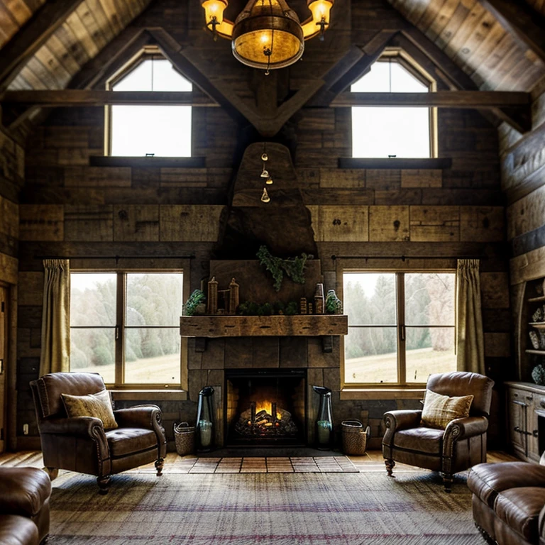 rustic, farmhouse-inspired, living room, exposed wooden beams, stone fireplace, distressed leather, cozy plaid fabrics, warm, golden light, large windows, cozy atmosphere, inviting