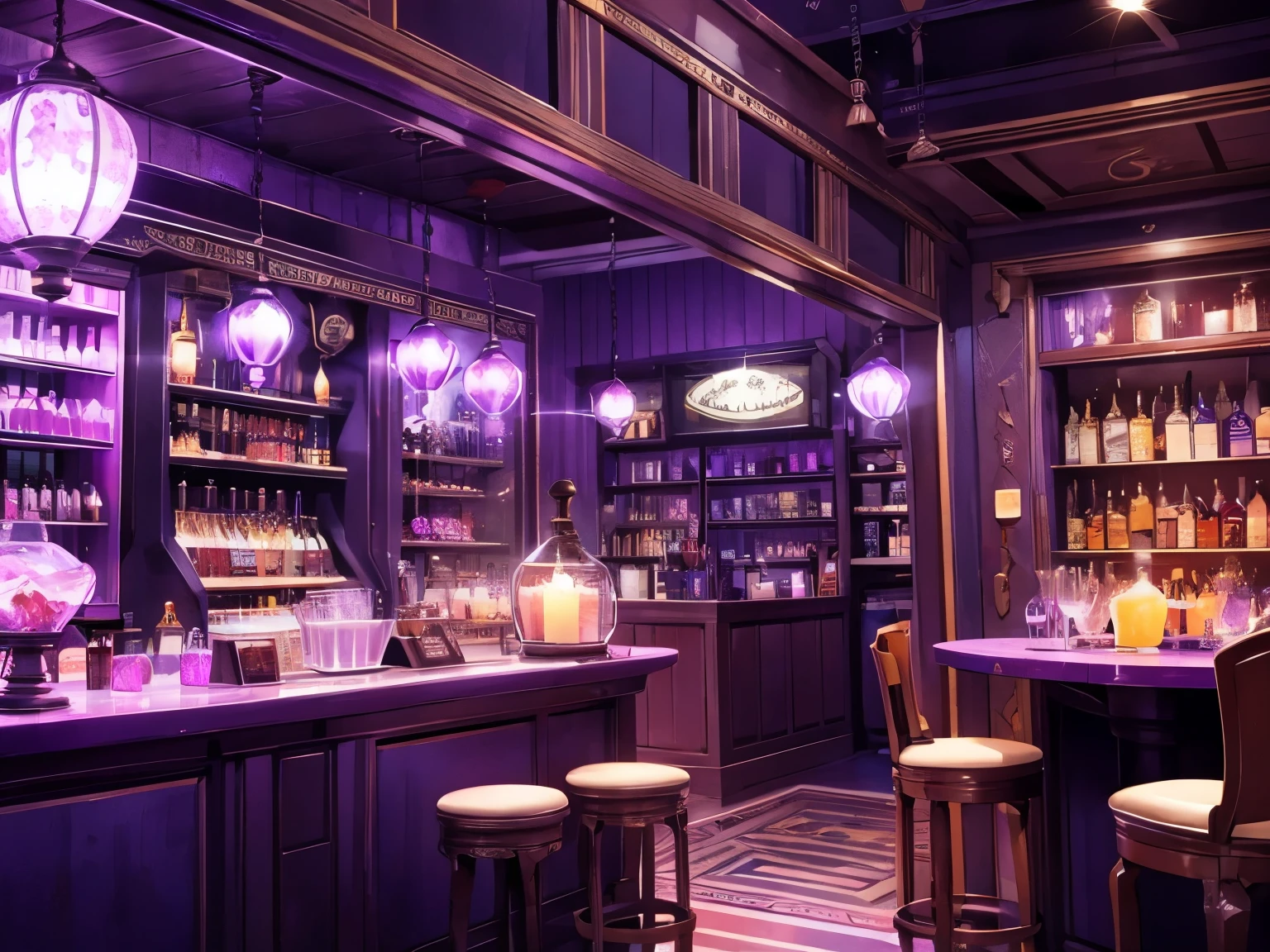 Fortune-telling shop with no one around　Purple Theme　The dim　bars　shop front　alcohol　Night　Warm lighting