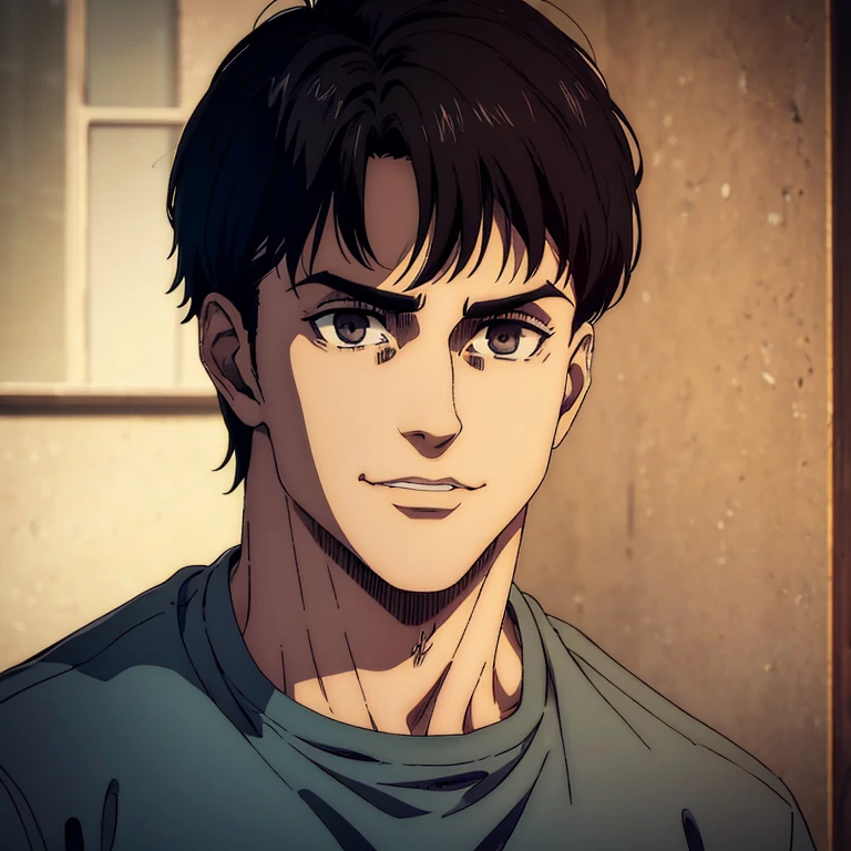 A male character with  brown eyes and  with black hair in the Mappa art style. He is depicted in a grey shirt, showcasing a sharp jawline.He is also wearing blue shirt. He is also fair. He is also smiling a little. The artwork should have the best quality, with ultra-detailed and realistic features. The color palette should be vivid, and the lighting should emphasize the character's facial structure and expression.