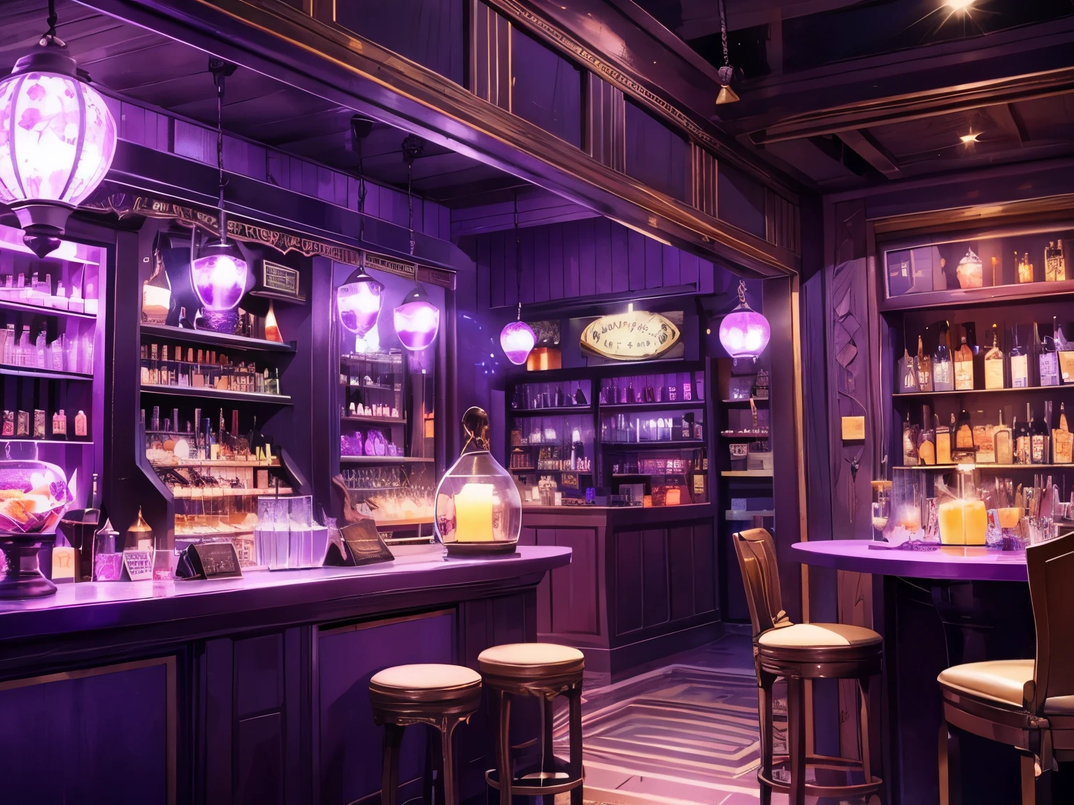 Fortune-telling shop with no one around　Purple Theme　The dim　bars　shop front　alcohol　Night　Warm lighting