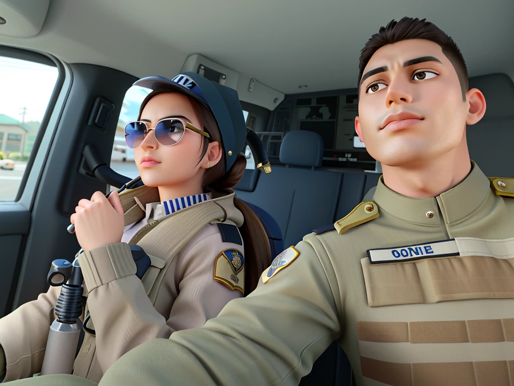 young police officer man and woman, beautiful, woman with aviator sunglasses, serious, khaki military uniform, inside the police car