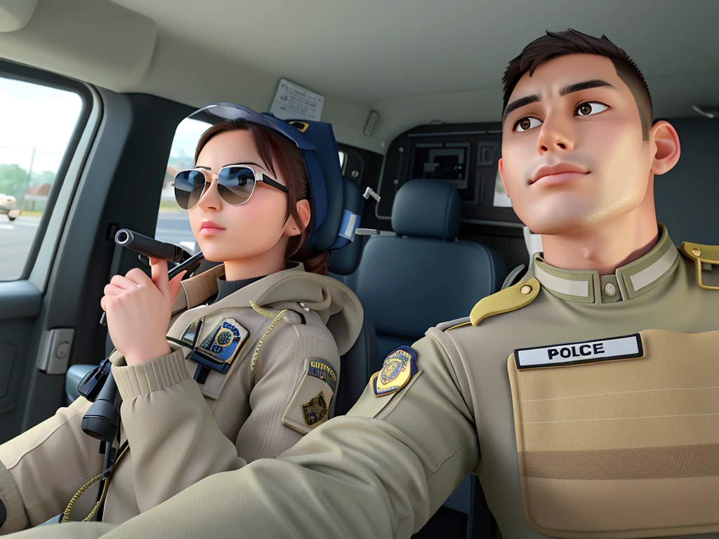 young police officer man and woman, beautiful, woman with aviator sunglasses, serious, khaki military uniform, inside the police car