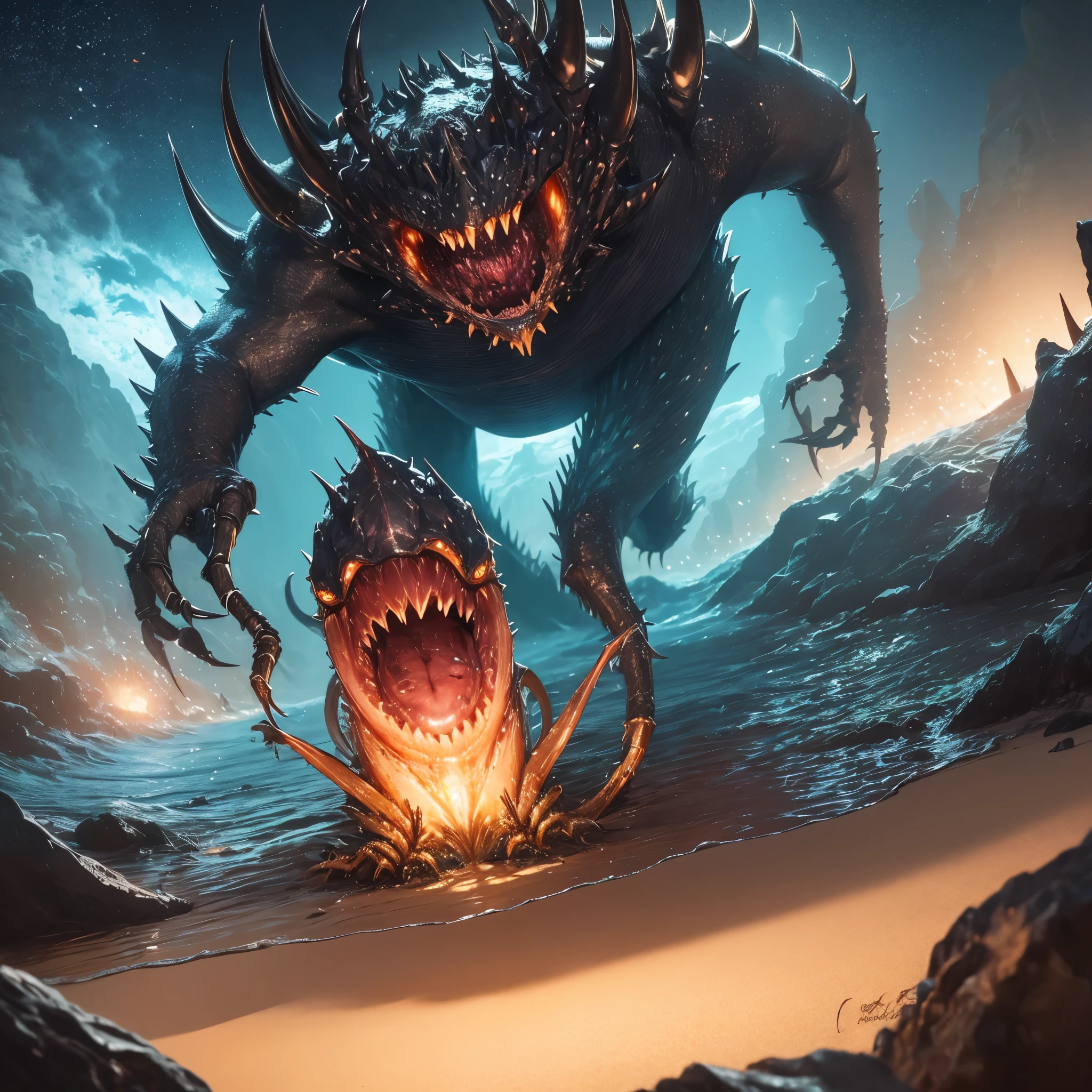 (best quality,highres): A creature with a mouth full of jagged teeth, maniac mouth, numerous eyes, slimy hard body, insect-like legs, and spikes prowls the beach at night. The creature's eyes glow ominously, casting an eerie light. Its teeth glisten menacingly in the moonlight, sharp and serrated. The creature's body is covered in a slimy, iridescent sheen, giving it an otherworldly appearance. It moves with a sinuous, predatory grace, its many legs skittering across the sand. The spikes on its back bristle, creating an intimidating silhouette against the night sky. The beach is dimly lit, with moonlight casting long shadows on the sand. The creature's presence creates an air of fear and anticipation, as if something primal and dangerous has been awakened.