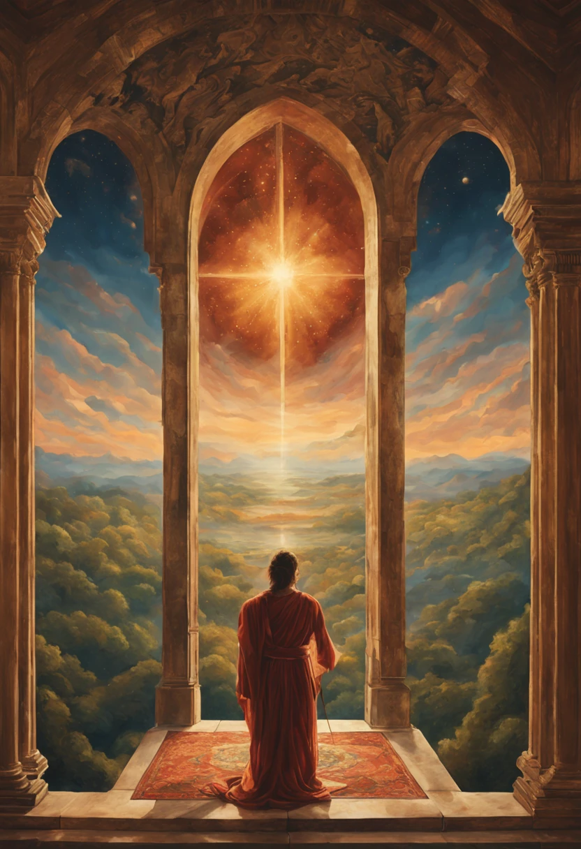 Be inspired by the majestic narrative of Creation! Crie uma imagem realista que retrate o poderoso ato divino de formar o mundo a partir do caos primordial. Crie uma imagem inspiradora com a seguinte frase: Meditation is the door to encountering the divine essence within us. Use elementos visuais que transmitam serenidade, spirituality and connection." Use sober colors and Renaissance and Gothic techniques to create depth and realism. The image must convey the beauty and mystery of Creation, evoking admiration for the great divine work.