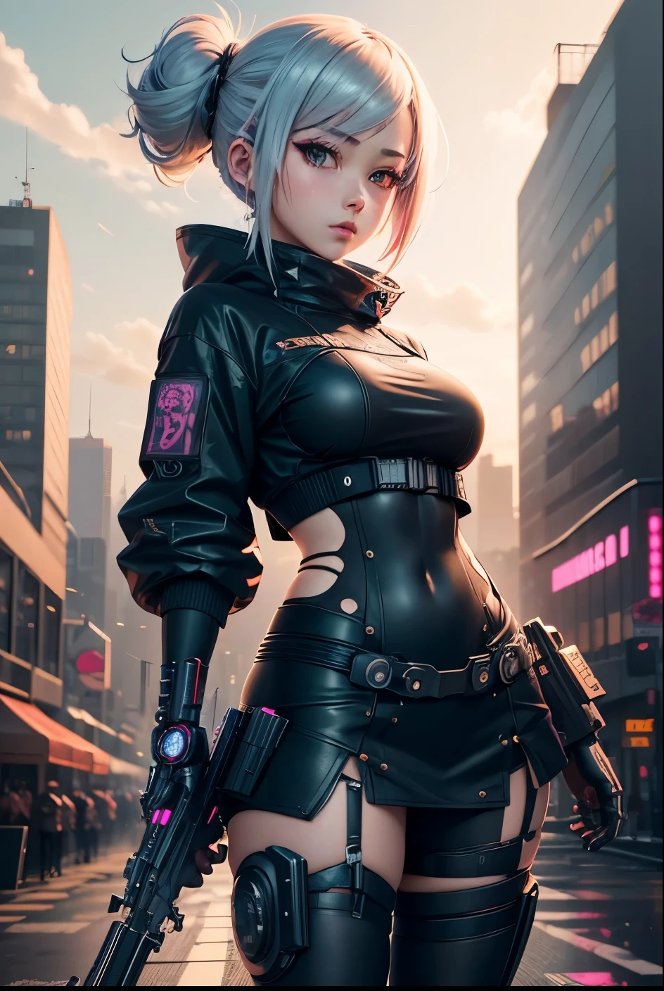 anime girl holding a gun in her hand and a city in the background, cyberpunk opai, biomechanical opai, cyberpunk anime mechanical girl, 2b, 2b, cyberpunk anime digital art, best anime 4k kunachan wallpaper, female cyberpunk anime girl, cochart cranes feminine main art, Highly detailed Artgerm, from the girls on the front lines