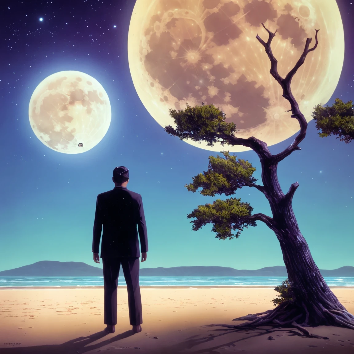 An iconic image of a man standing on a beach with a tree and a full moon in the background. no background text, surrealism 8k, key art, Beeple 3d render, cgsociety 8k, cgsociety 8k, cgsociety 8k, cinematic Beeple, official poster artwork, cgsociety 9, Beeple and Alphonse Musha