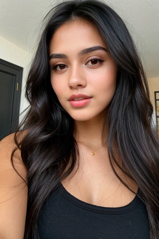 ((best quality)) perfect beautiful oval face brunette young woman tan skin full lips latin girl 23 years old skinny body very long and dark extremely BLACK HAIR, raven BLACK hair, realistic skin texture, realistic hair texture WEARING CLOTHES, selfie photo ,