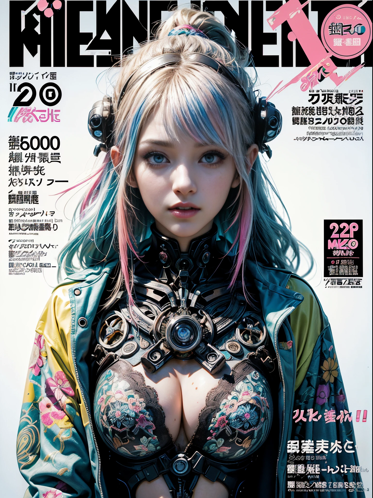 Flowing_contour biomechanical__cybernetic_airbrush___Strange__(((Japanese Harajuku style Fashion_((colorful Magazine_cover))__art_decor_Border)))__porcelain_and_Platinum / Futuristic Cyberpunk woman with porcelain skin, cybernetic implants.