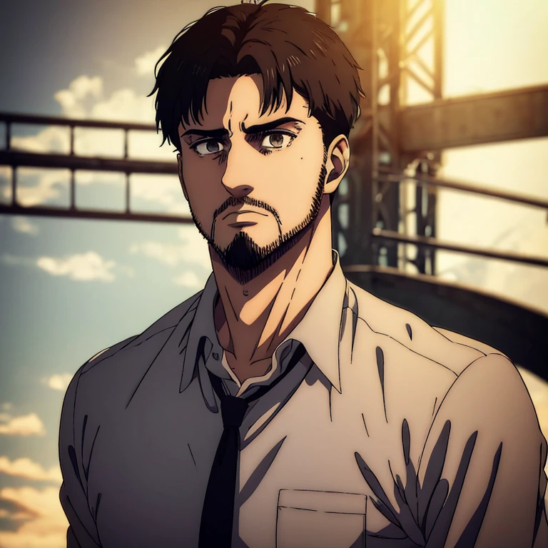  male character who has dark brown eyes and  short black  hair in the Mappa art style. He is depicted in a grey shirt. He has short beard  in anchor goatee style in short length .He is also suit. He is also fair. The artwork should have the best quality, with ultra-detailed and realistic features. The color palette should be vivid, and the lighting should emphasize the character's facial structure and expression.