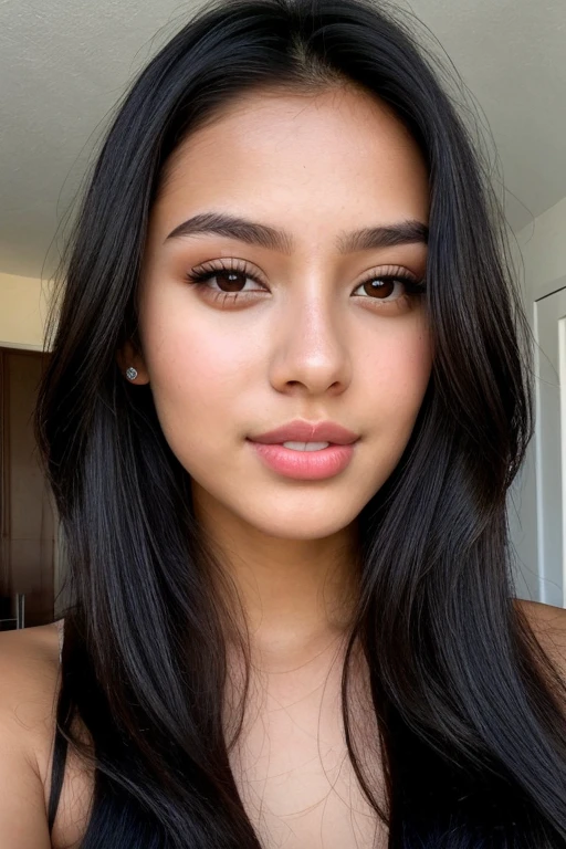 ((best quality)) perfect beautiful oval face brunette young woman tan skin full lips latin girl 23 years old skinny body very long and dark extremely BLACK HAIR, raven BLACK hair, realistic skin texture, realistic hair texture WEARING CLOTHES, selfie photo ,