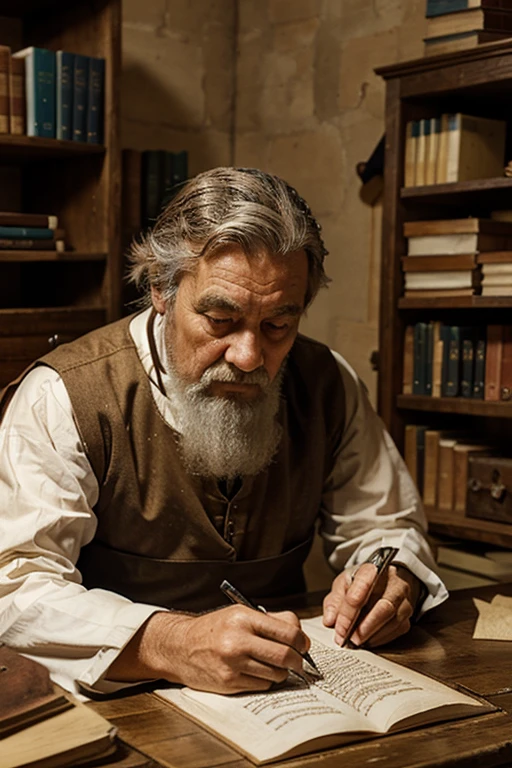 * A man of mature age (between 40 and 50 years old), with gray hair and a thick beard.
* Serene and wise look, transmitting peace and confidence.
* Wears simple and humble clothes, such as a brown tunic or a cloak.
* In his hands he holds an ancient book with mysterious symbols and scriptures.
* In the background, an alchemical laboratory, with retorts, stills and other instruments.
* The atmosphere is mystical and transcendental, with rays of sunlight penetrating through the windows.