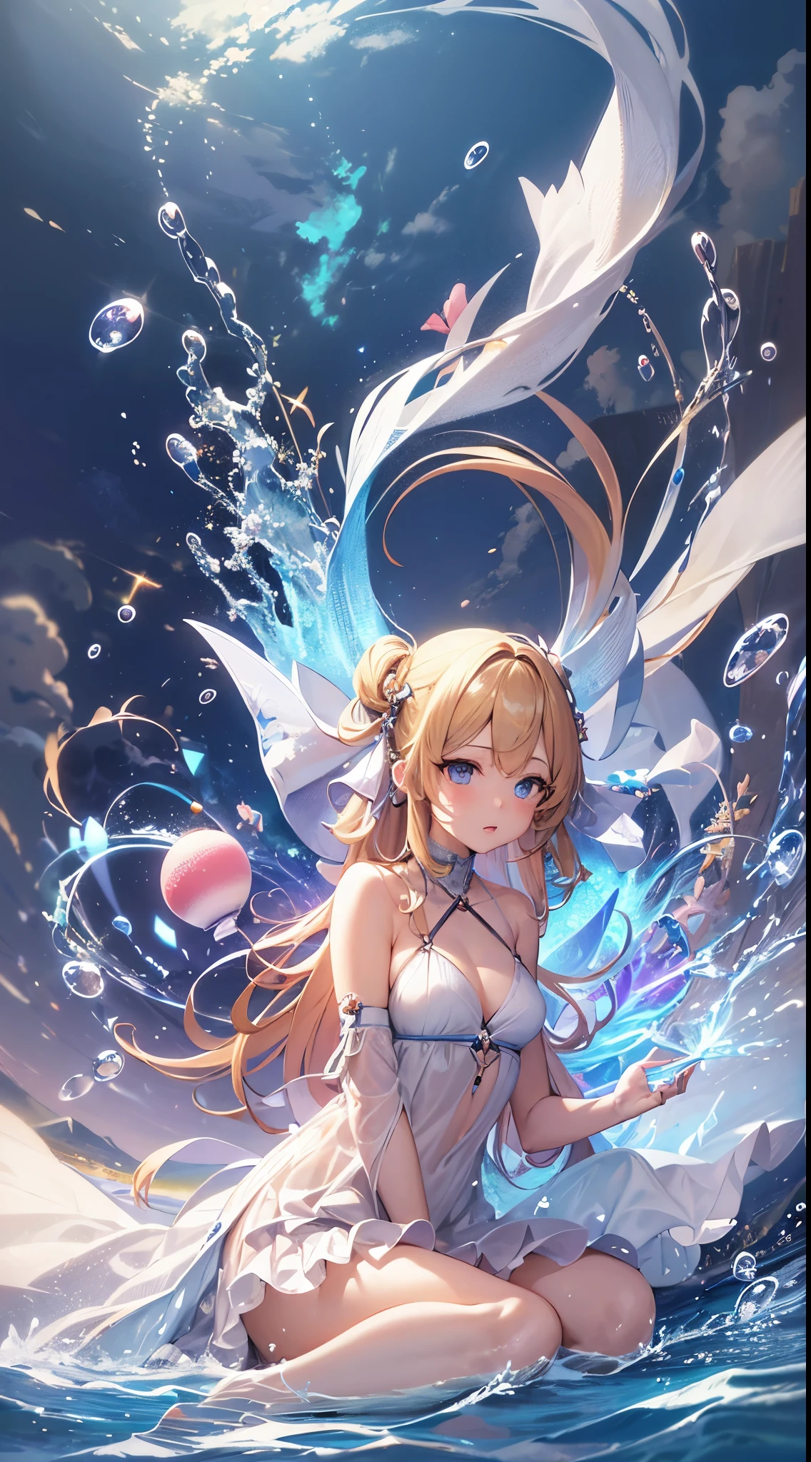 anime girl with long blonde hair and blue eyes in a white dress, small curvy loli, blonde anime girl with long hair, anime goddess, seductive anime girl, render of april, ecchi, from the azur lane videogame, splash art anime loli, ahegao, loli in dress, loli, pixiv 3dcg