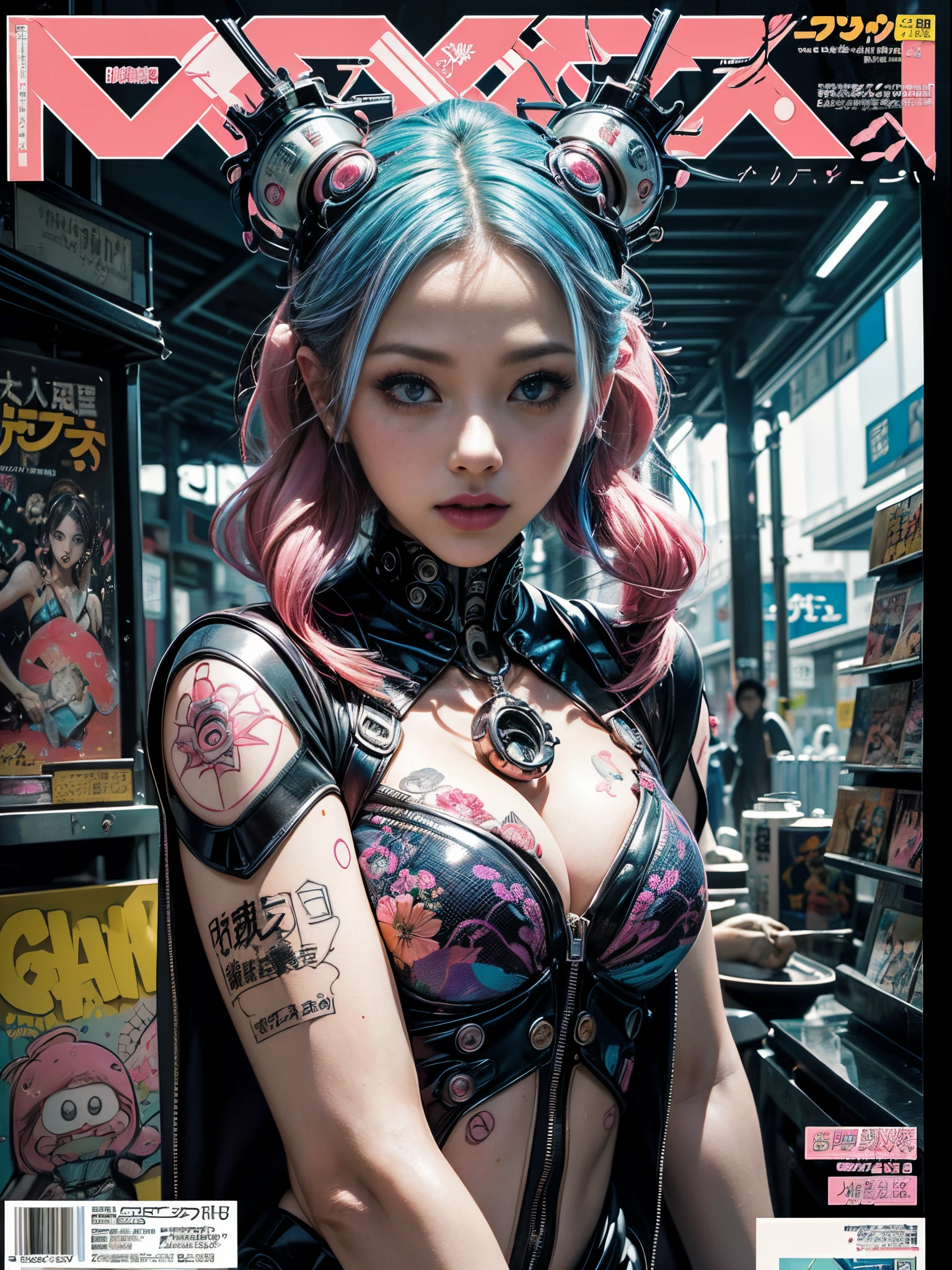 Flowing_contour biomechanical__cybernetic_airbrush___Strange__(((Japanese Harajuku style Fashion_((colorful Magazine_cover))__art_decor_Border)))__porcelain_and_Platinum / Futuristic Cyberpunk woman with porcelain skin, cybernetic implants.