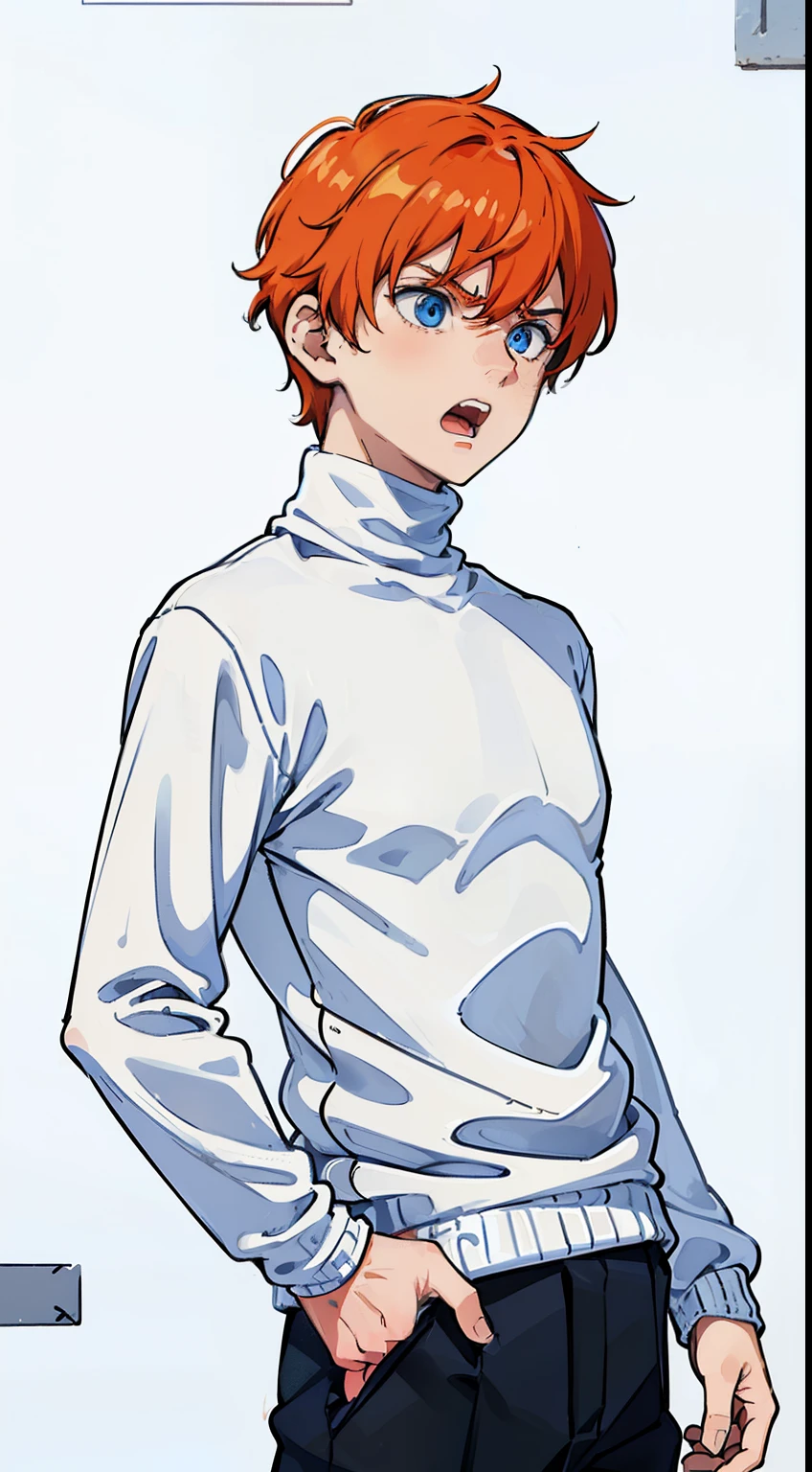 (1boy,teen,18 years old), orange hair, blue eyes,(((white sweater,turtleneck))),(white background),((angry,open mouth)),(((looking away,from side))),black pants