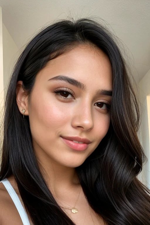 ((best quality)), perfect beautiful oval face brunette young woman tan sun kissed light skin full lips latin girl 23 years old skinny body very long and raven black hair, realistic skin and hair texture, selfie photo