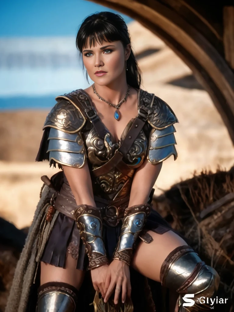 (best quality,Realistic),Xena,identical and perfect face,Olhos azuis claros,corpo perfeito,vivid colors,Detailed features,studio lighting, expression serious