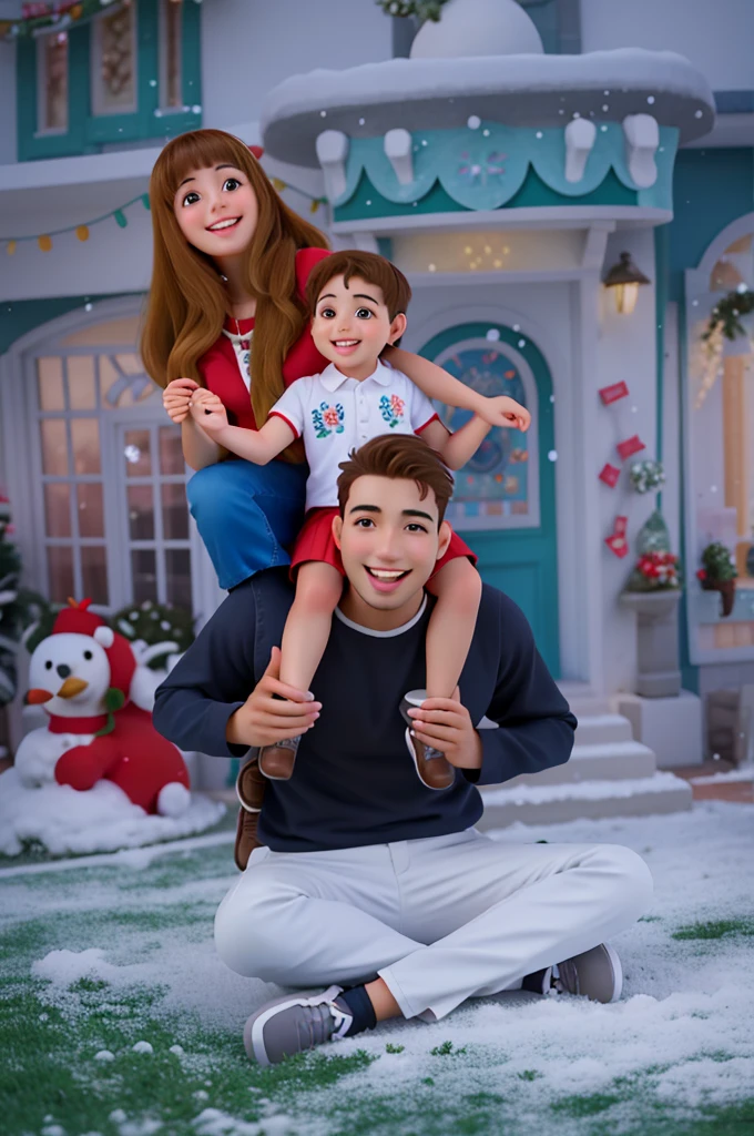 young couple with their 2 , todos sorrindo e belos, contexto de Natal e neve, baby on top of daddy&#39;s shoulders holding hands for mommy