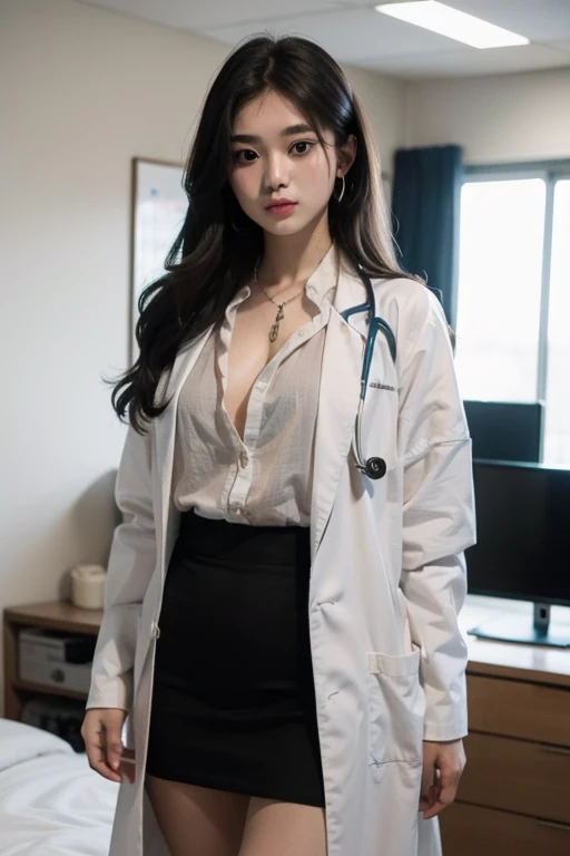 Realistic beauty doctor、Amazingly beautiful、 Doctor's white coat,, (quality、8K、32K、masterpiece、north african free trade area:1.3)、超高分辨率,(真实感:1.4),Original photography, 详细的脸,,beautiful hairl, ((Doctor style)), Clear buttoned shirt, Tight skirt、 natural makeup, , Plump、Inside the hospital, detailedbackground, perfect litthing, depth of fields, Beautiful shadow gradient,stethoscope , ((full bodyesbian捕捉)), full bodyesbian, pair, , Eyes looking at the camera, detailedeyes, pretty eyelack in color吊带丝袜,black in color