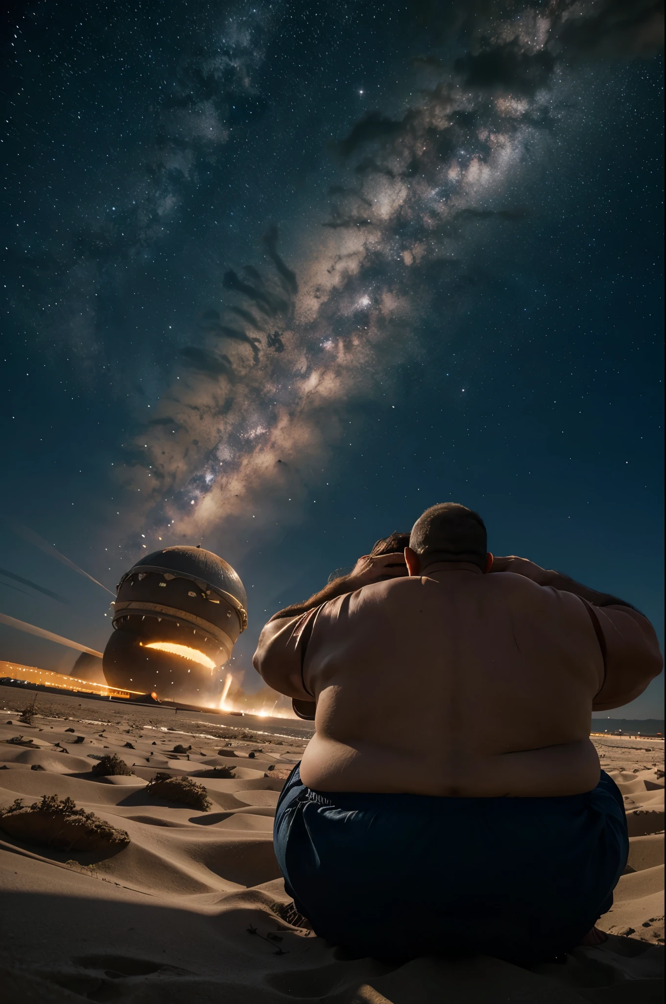 Two cosmic obese giants fighting each other with food