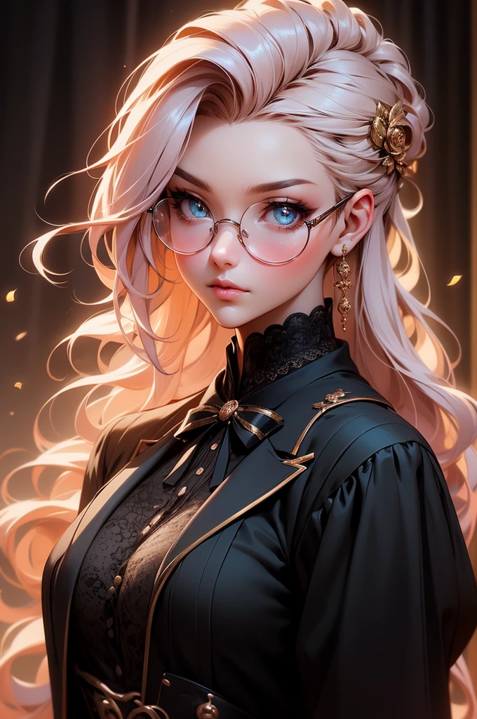 Anime girl tuxedo with rose gold hair and round gold glasses, Guviz style art, attractive detailed art style, Charlie Bowater Style, 1 7 -  - old e anime girl, detailed manga style, detailed anime character art, germ of art. High detail, stunning manga art style. Wearing Victorian clothes.