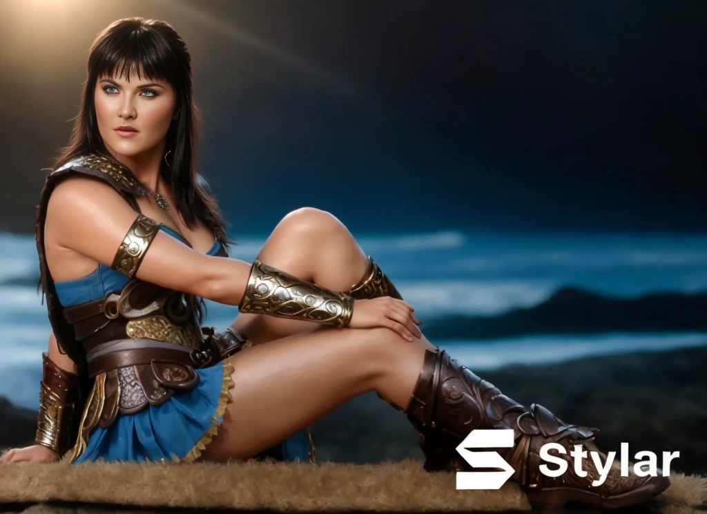 (best quality,Realistic),Xena,identical and perfect face,Olhos azuis claros,corpo perfeito,vivid colors,Detailed features,studio lighting, expression serious