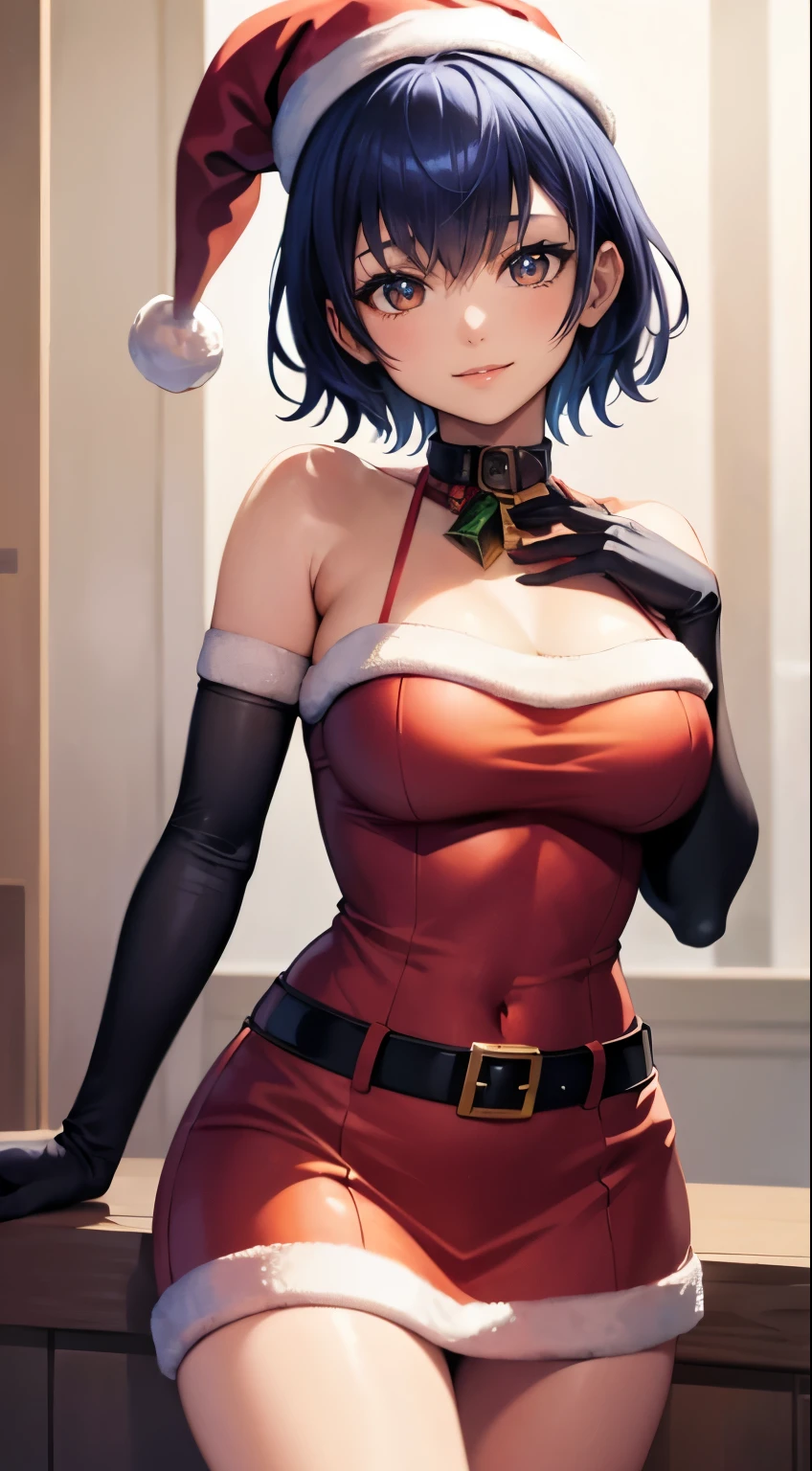 1girl, solo, masterpiece, best quality, high res, highly detailed, (illustration), beautiful detailed eyes, shiroganenao, blue hair, short hair, glossy lips, light makeup, light smile, long white satin elbow gloves, cowboy shot, (santa), red santa dress, santa hat