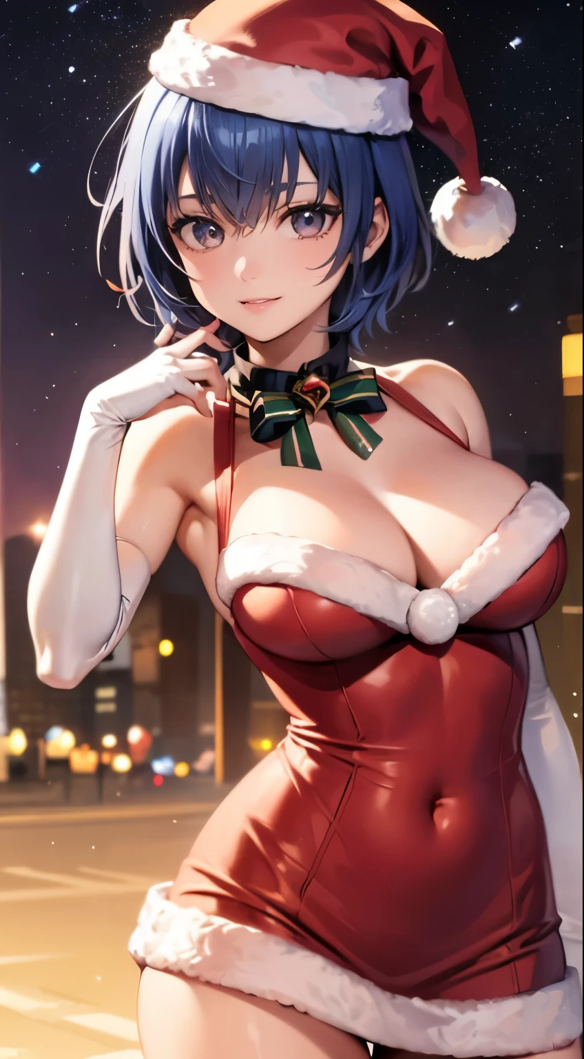 1girl, solo, masterpiece, best quality, high res, highly detailed, (illustration), beautiful detailed eyes, shiroganenao, blue hair, short hair, glossy lips, light makeup, light smile, long white satin elbow gloves, cowboy shot, (santa), red santa dress, santa hat