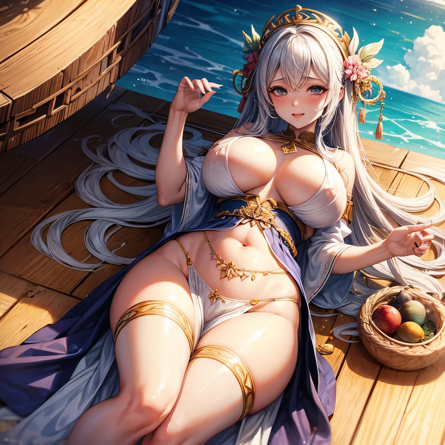 Goddess Of Pleasure, wide hips, thick thighs, bursting breasts, areola. greek clothing, wet silk, white silk