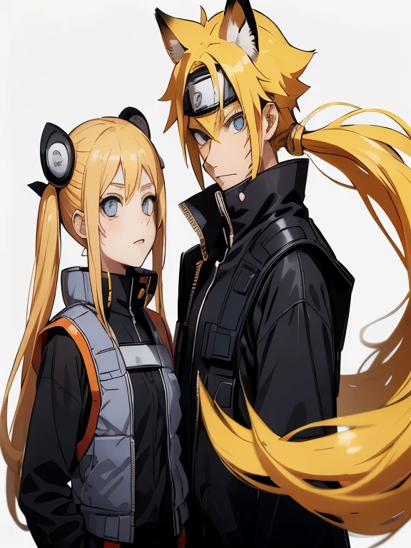 (naruto uzumaki) and (naruko uzumaki) an eight year old twin boy and girl with golden blonde hair and serulean blue eyes and his sister (naruko uzumaki) with golden blonde hair with penido twin pigtails ivan dressed in black clothes and a vest gray bulletproof and a short sword on the left side of her back and a white and red fox mask and the girl with a black and blue fox mask in one of her hands