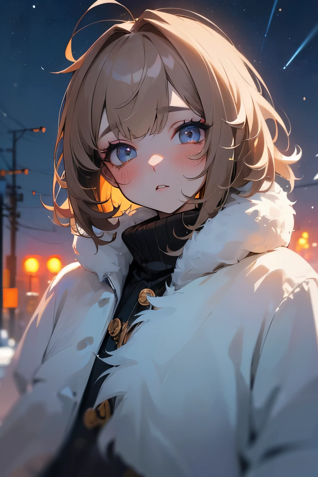 ((masterpiece)), One girl, solo, (pale brown hair), cute eyes, (messy bob hair), ((Fancy makeup)), (startled face), blush, White breath, fluffy muffler, coat, looks very cold, neon lights in city, (winter), ((starry sky))