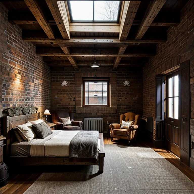 A rustic bedroom with exposed brick walls, a wooden bed frame, and a cozy reading nook with a plush armchair and warm lighting.