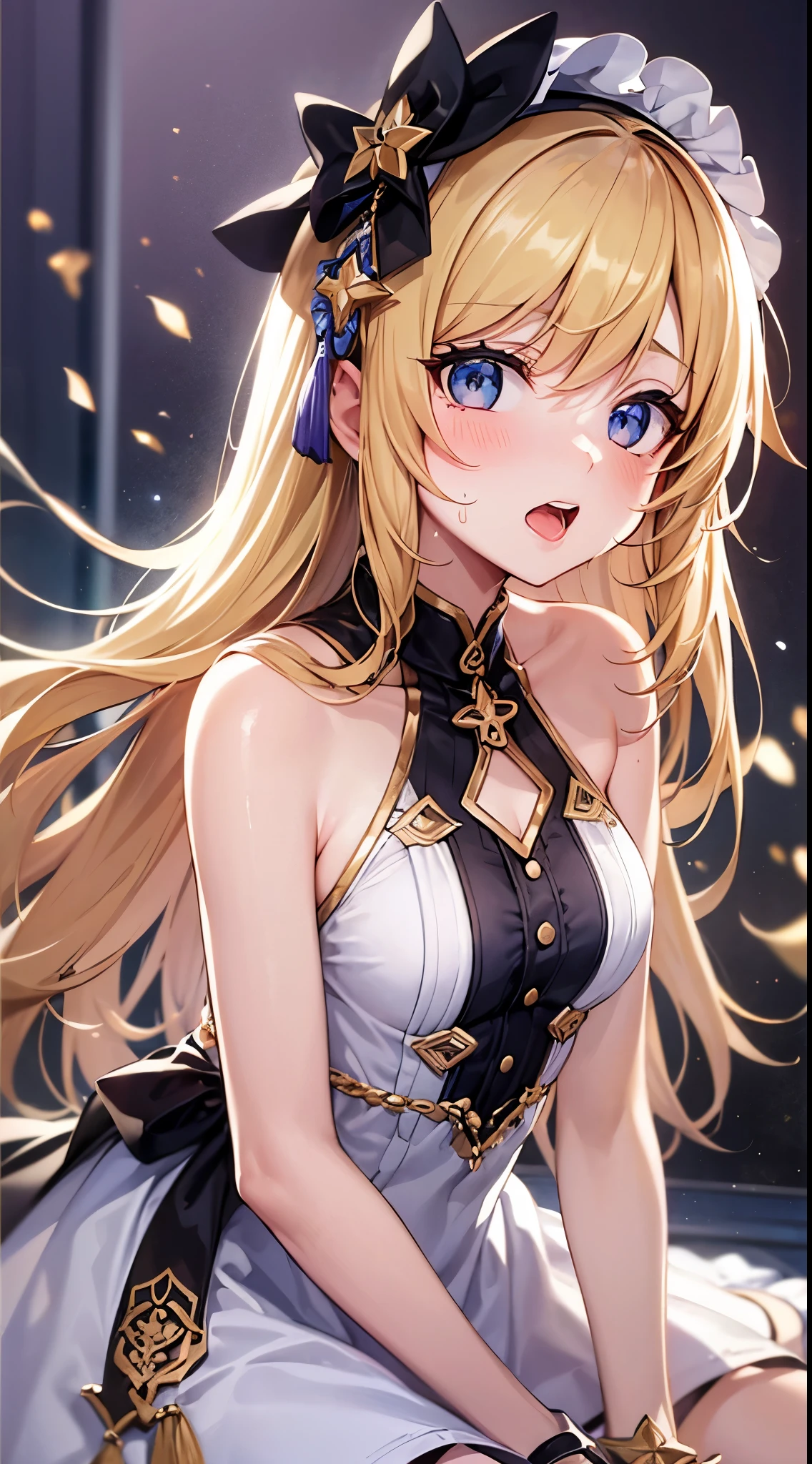 anime girl with long blonde hair and blue eyes in a white dress, small curvy , blonde anime girl with long hair, anime goddess, seductive anime girl, render of april, ecchi, from the azur lane videogame, splash art anime loliegao, loli in s, loli, pixiv , ahegao, blush, sweat, open mouth, rolling eyes, tears, tongue out,