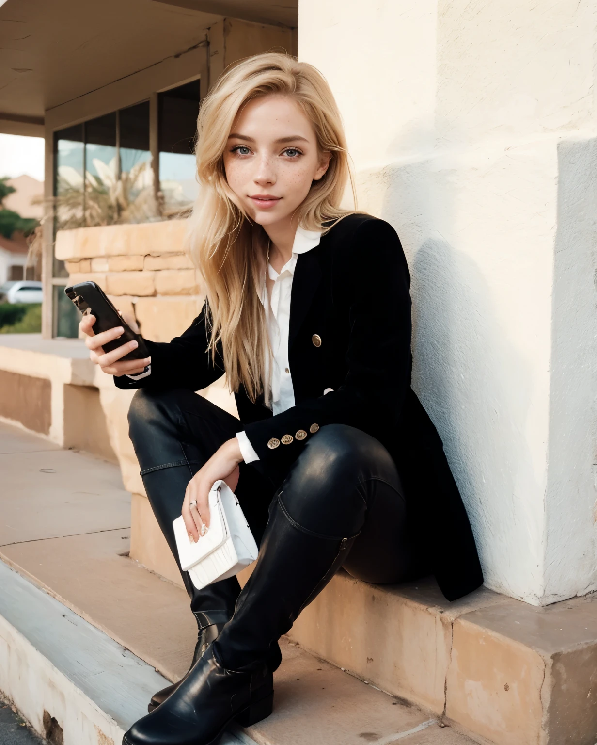 mulher, americana, 25 anos, pale skin and freckles, olhos cinzas, nariz delicado, soft and delicate lips, Cabelo blondie cinza longo e ondulados, sorriso meigo