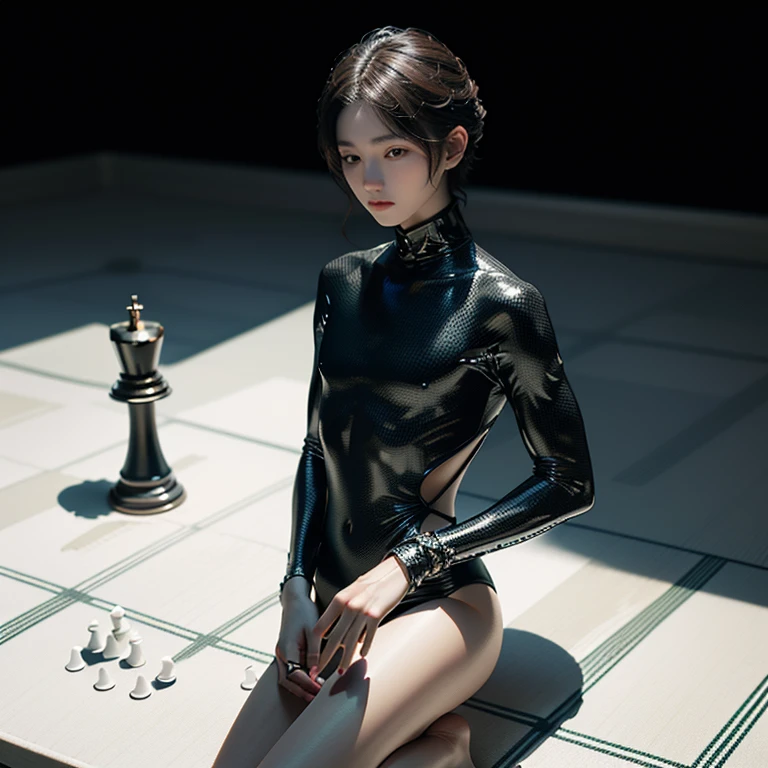 2boys, empty background, chessboard floor, human chess, checkmate, white pawn kills black king, boys in skintight bodysuits representing their respective chesspieces