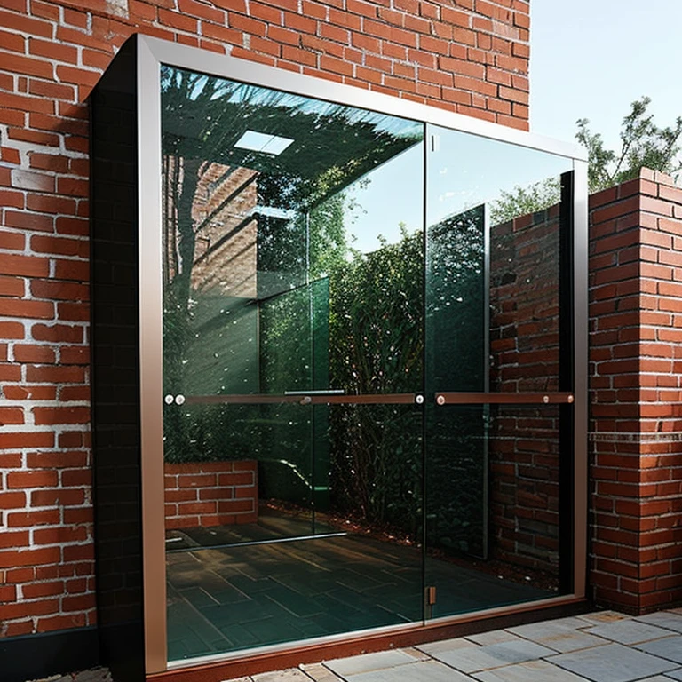 A creative brick wall that appears to be made of different materials, such as wood, metal, and glass, giving it a dynamic and unexpected look.
