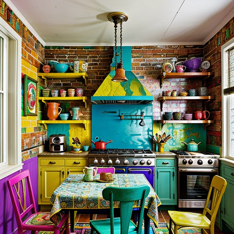 A vibrant and eclectic kitchen, with a mix of patterns and textures. The humble kitchen table is covered in a colorful tablecloth, and the walls are adorned with quirky artwork and shelves filled with spices and cookbooks.