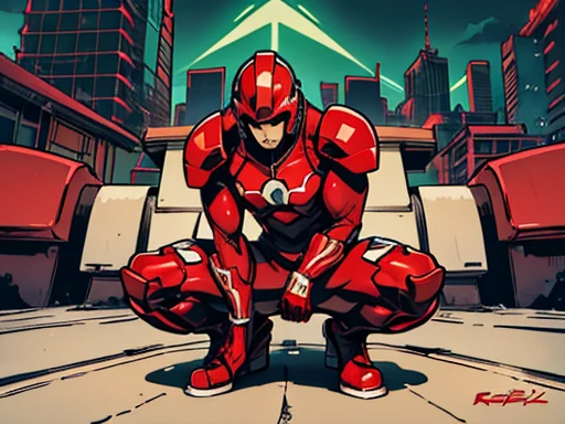 Hero with red costume and white hexagonal details on the shoulders, diamond-shaped helmet with a neon green visor, crouched position on the roof of a building, comic artstyle