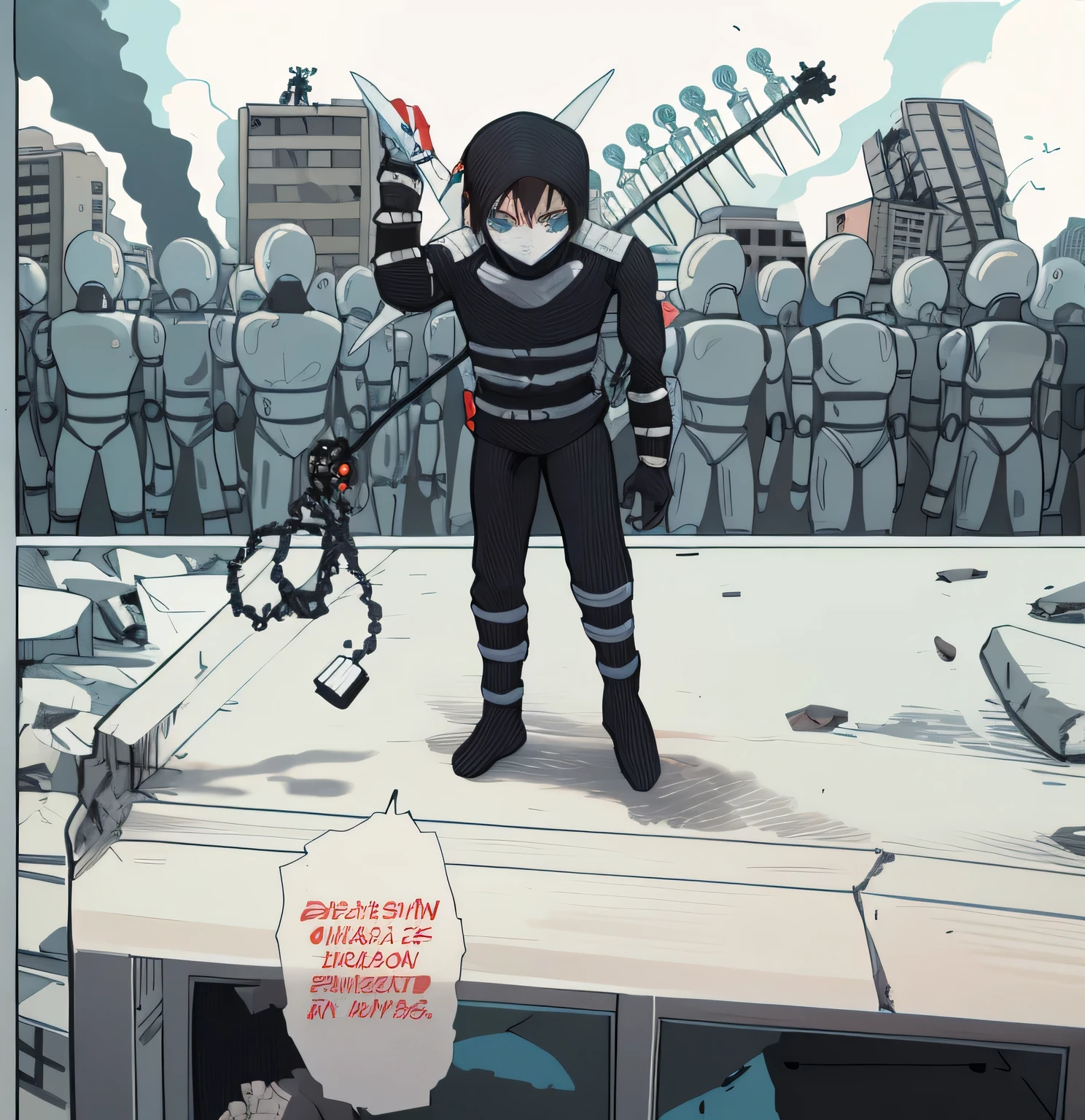 Imagen de un Ninja sobre un edificio, behind him in the background many robots.