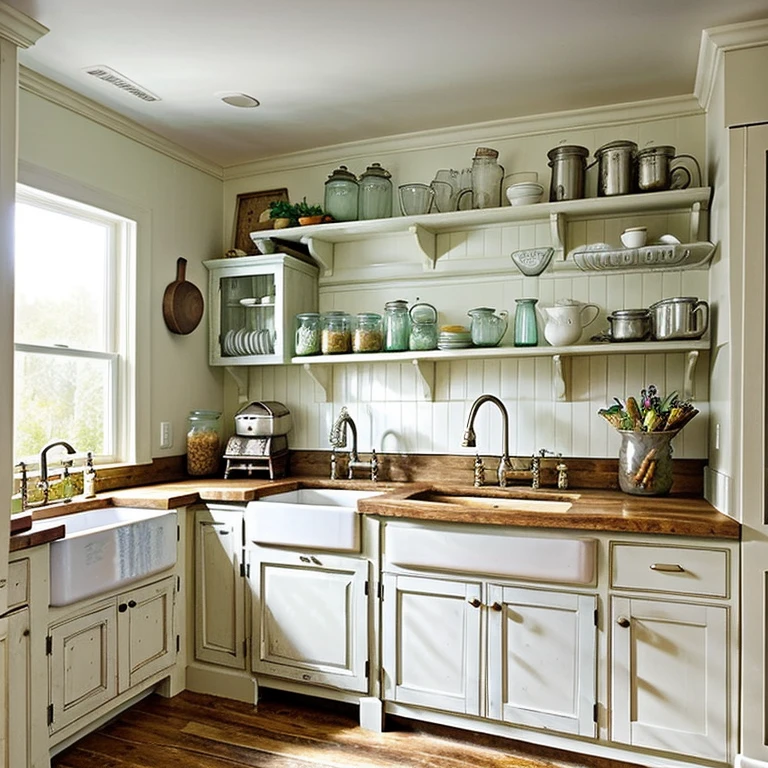 A traditional and charming kitchen, with a farmhouse sink and a cozy breakfast nook. The humble kitchen is filled with natural light, and the shelves are lined with mason jars filled with homemade preserves.