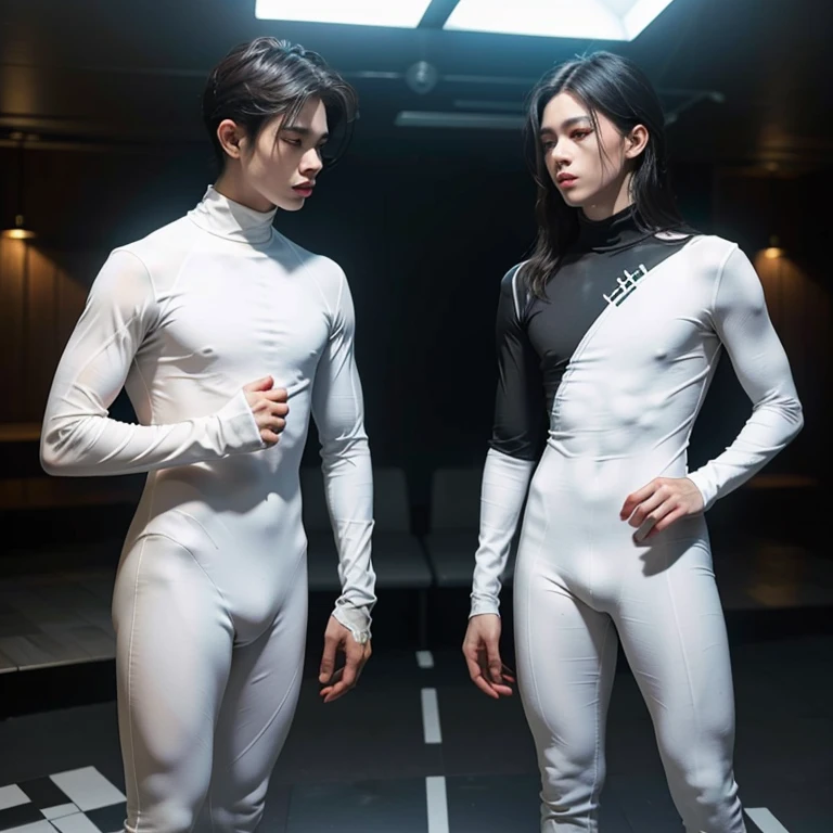 2boys, empty background, chessboard floor, human chess, checkmate, white pawn kills black king, boys in skintight bodysuits representing their respective chesspieces